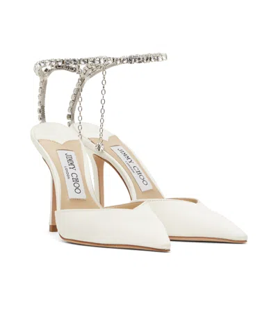Jimmy Choo Slingback Saeda 100 In Satin With Applied Crystals In White