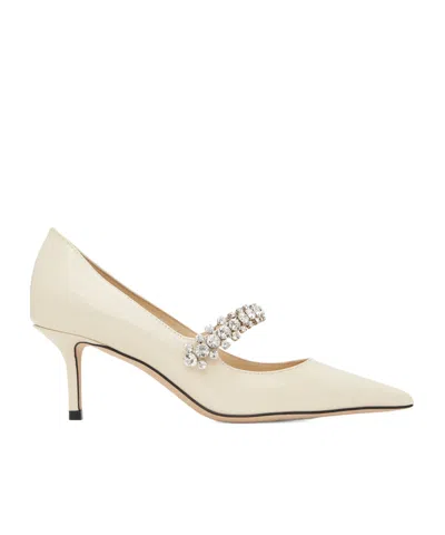 Jimmy Choo 'bing' White Pumps With Crystal Embellishments And High Cone Heel In Nude