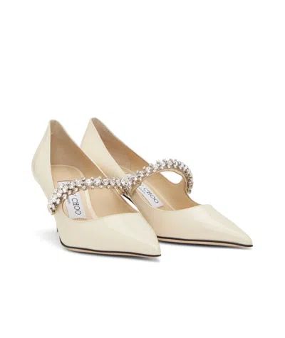 Jimmy Choo 'bing' White Pumps With Crystal Embellishments And High Cone Heel In Nude