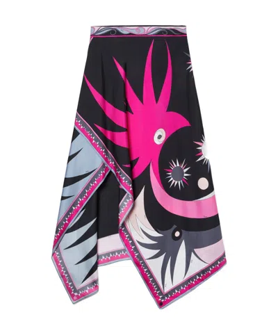 Pucci Stella Print Asymmetrical Midi Skirt In Black And Fuchsia