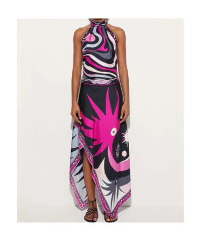 Pucci Stella Print Asymmetrical Midi Skirt In Black And Fuchsia