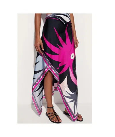 Pucci Stella Print Asymmetrical Midi Skirt In Black And Fuchsia
