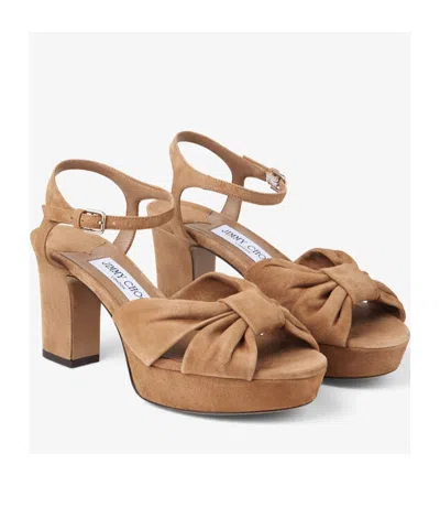 Jimmy Choo Heloise 80 Knotted Suede Platform Sandals In Biscuit Color