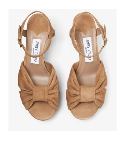 Jimmy Choo Heloise 80 Knotted Suede Platform Sandals In Biscuit Color