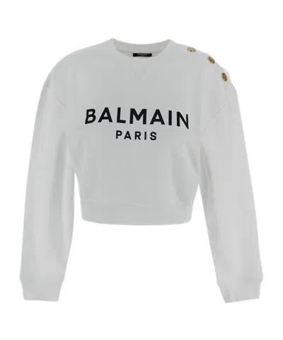 Balmain Cropped Sweatshirt With Logo Print And Buttons In Gray