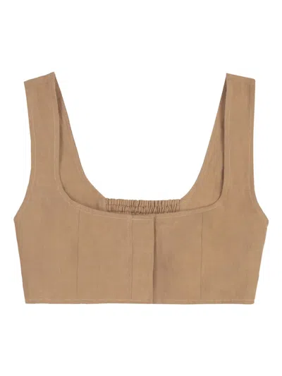 Le Kasha Womens Tabacco Square-neck Cropped Linen Top
