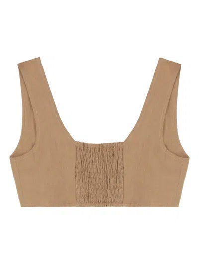 Le Kasha Womens Tabacco Square-neck Cropped Linen Top