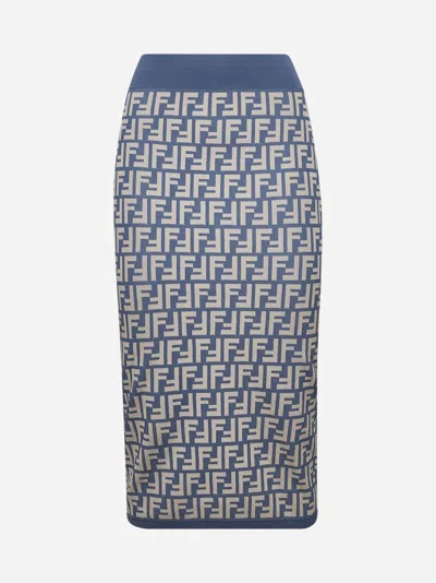 Shop Fendi Blue Ff Jacquard Knit Midi Skirt