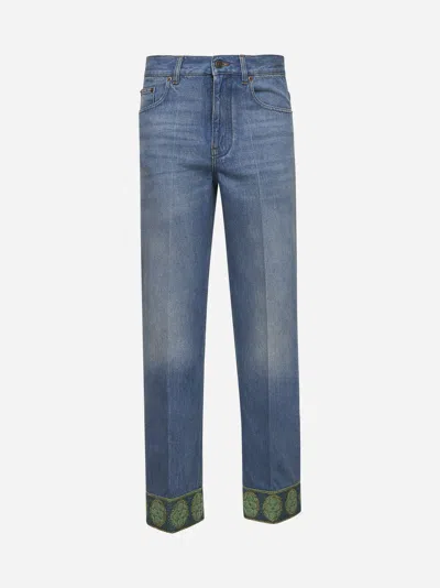 Valentino Medium Blue Jeans With Green Embroidery, Straight Leg, High Waist