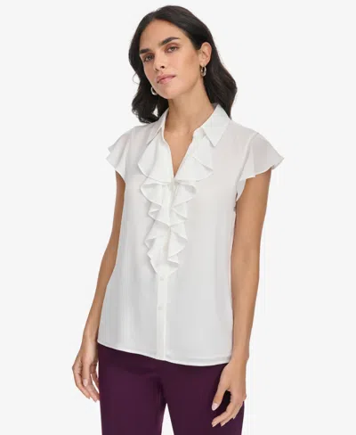 Calvin Klein Women's Collared Ruffled Short-sleeve Blouse In Cream