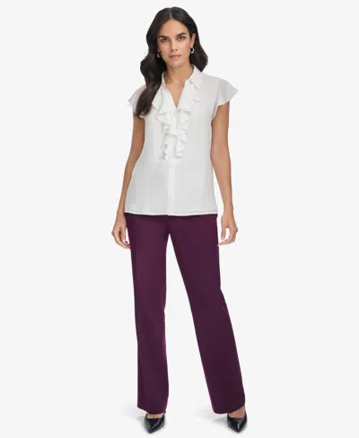 Calvin Klein Women's Collared Ruffled Short-sleeve Blouse In Cream