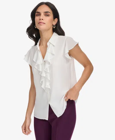 Calvin Klein Women's Collared Ruffled Short-sleeve Blouse In Cream