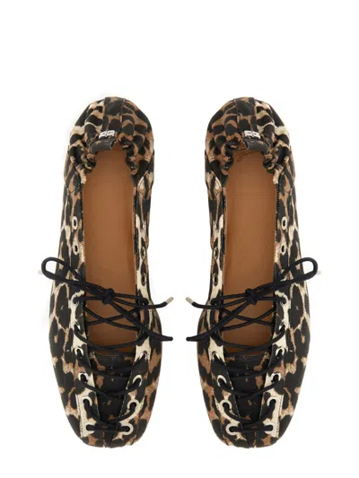 Ganni Denim Print Lace-up Ballerina Flats With Leopard Pattern In Animal Print