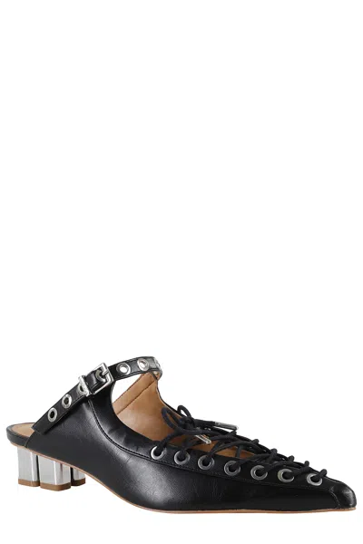 Ganni Womens Black Eyelets Lace-up Faux-leather Mules Eur 39 / 6 Uk