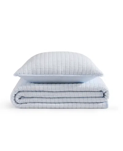 Tommy Hilfiger 136 Thread Count Ithaca Stripe Cotton Reversible Quilt Set In White,boathouse Blue