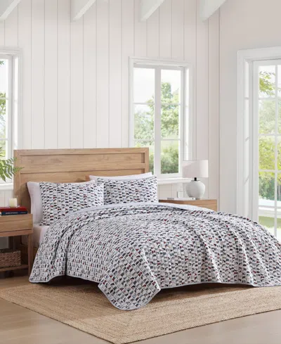 Tommy Hilfiger Boating Flags Cotton Reversible 3-pc. Quilt Set, King In White,pale Blue,red