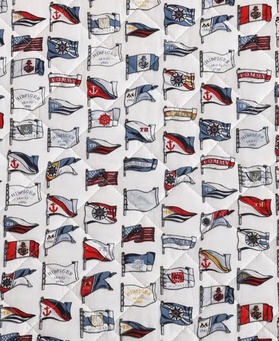 Tommy Hilfiger Boating Flags Cotton Reversible 3-pc. Quilt Set, King In White,pale Blue,red