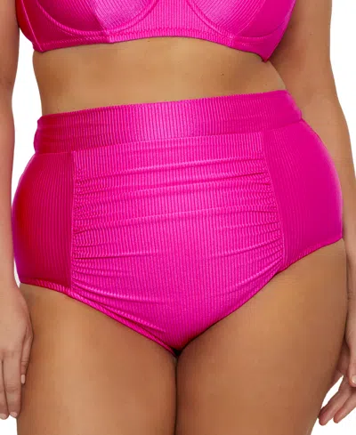 Becca Etc Plus Size Monte Carlo Rib Shirred High-waist Bikini Bottoms In Pink