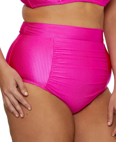 Becca Etc Plus Size Monte Carlo Rib Shirred High-waist Bikini Bottoms In Pink