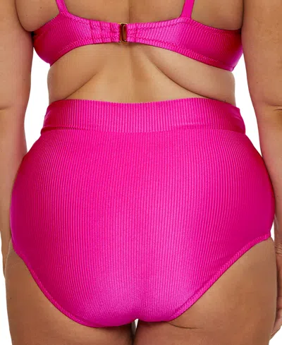Becca Etc Plus Size Monte Carlo Rib Shirred High-waist Bikini Bottoms In Pink