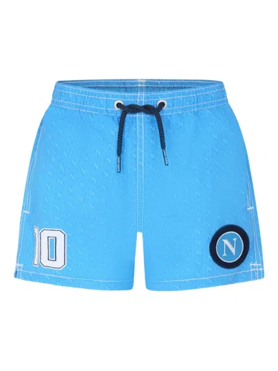 Mc2 Saint Barth Jean Mid-length Swim Shorts With Napoli Print And Patch In Blue