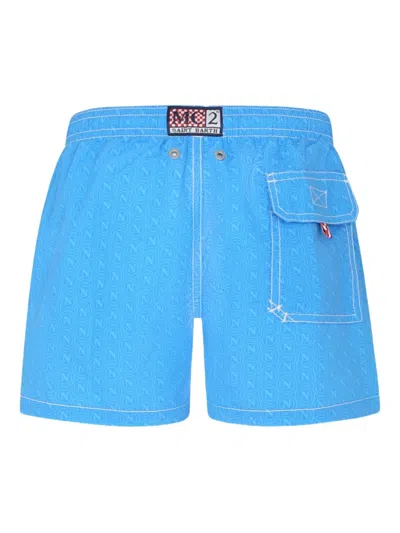 Mc2 Saint Barth Jean Mid-length Swim Shorts With Napoli Print And Patch In Blue