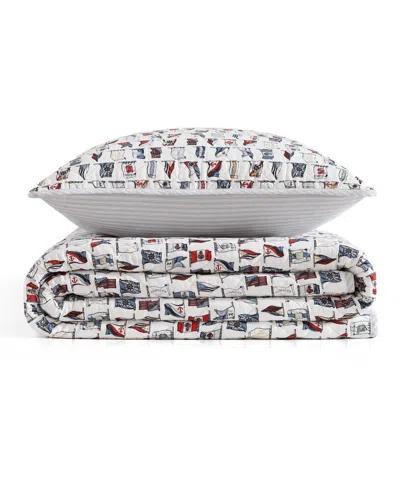 Tommy Hilfiger Boating Flags Cotton Reversible 3-pc. Quilt Set, King In White,pale Blue,red