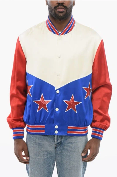 Celine Color Block Stars Satin Bomber Jacket With Sequined Details