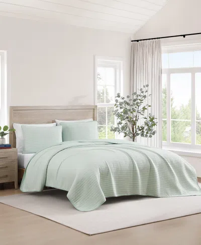 Tommy Hilfiger 136 Thread Count Ithaca Stripe Cotton Reversible Quilt Set In Meadow Green