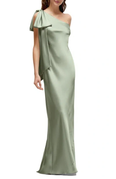 After Six One-shoulder Bias-cut Satin Maxi Dress With Cascading Shoulder Bow In Sage