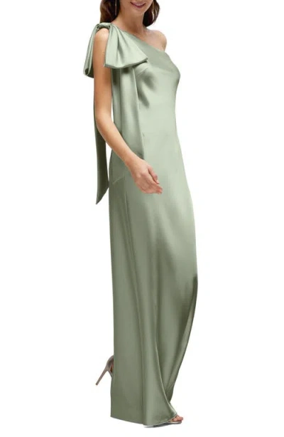 After Six One-shoulder Bias-cut Satin Maxi Dress With Cascading Shoulder Bow In Sage