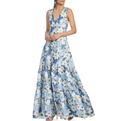 Sachin & Babi Rori Tiered Floral-print Mikado Gown In Sky Blue Star Lillies