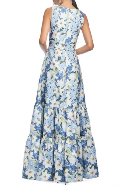 Sachin & Babi Rori Tiered Floral-print Mikado Gown In Sky Blue Star Lillies