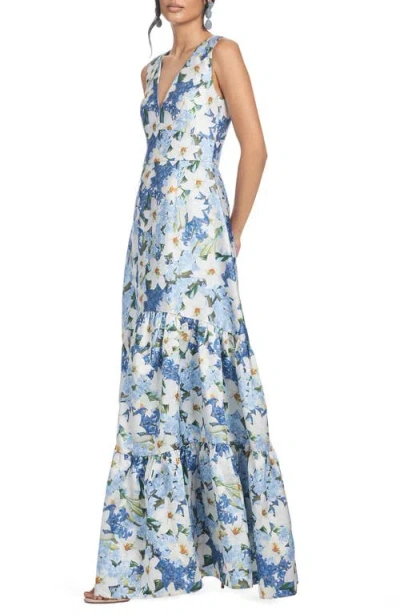 Sachin & Babi Rori Tiered Floral-print Mikado Gown In Sky Blue Star Lillies