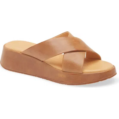 Chocolat Blu Criss Cross Platform Wedge In Camel Leather