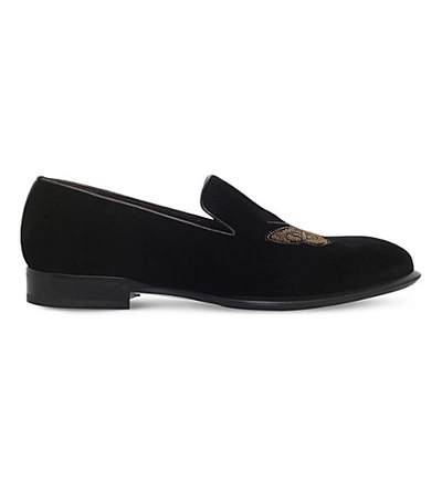 Shop Alexander Mcqueen Moth-embellished Velvet Loafers In Black