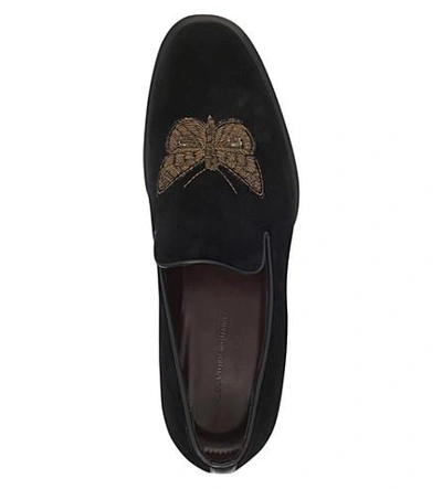 Shop Alexander Mcqueen Moth-embellished Velvet Loafers In Black