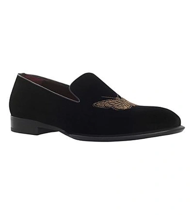 Shop Alexander Mcqueen Moth-embellished Velvet Loafers In Black