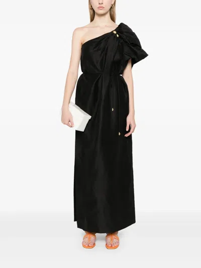 Aje Cira One-shoulder Embellished Draped Linen-blend Maxi Dress In Black