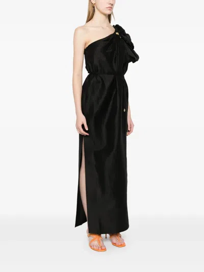 Aje Cira One-shoulder Embellished Draped Linen-blend Maxi Dress In Black
