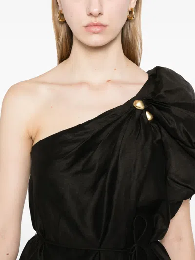Aje Cira One-shoulder Embellished Draped Linen-blend Maxi Dress In Black