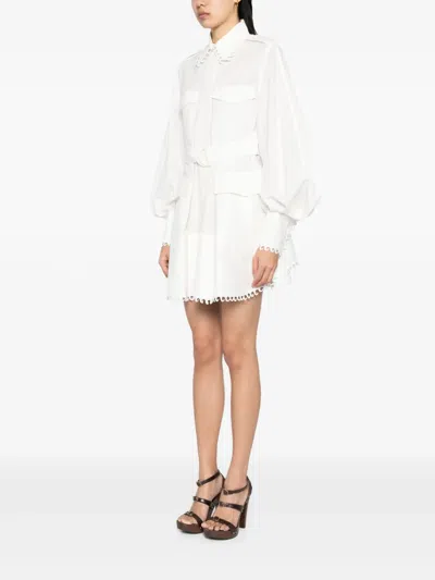 Zimmermann Ivory White Mini Dress With Belt Waist In Beige