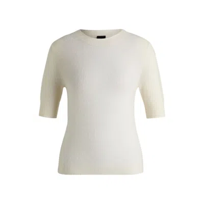 Hugo Boss Cropped-sleeve Knitted Sweater In Textured Wool In White