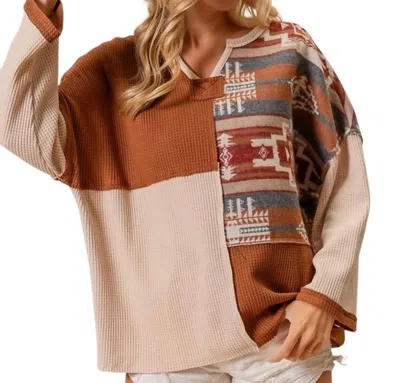 Bibi Aztec Color Block Thermal Top - Plus In Mocha In Brown
