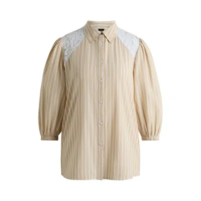 Hugo Boss Striped Regular-fit Blouse With Lace Shoulders In Beige