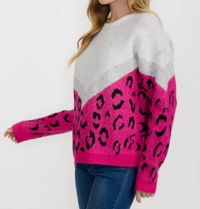 Adora Bold And Cozy Color Block Leopard Sweater In Hot Pink In Pink