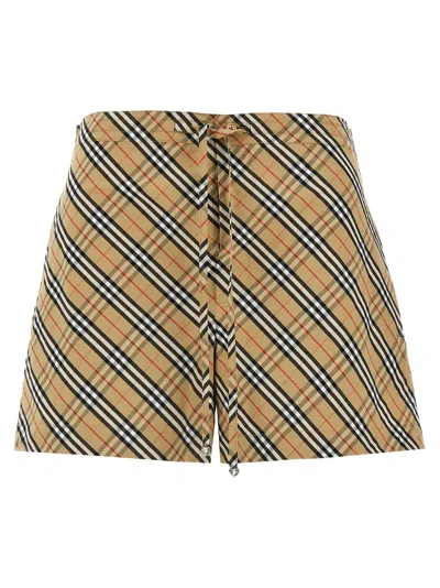 Burberry Women Beige Shorts With Elastic Drawstring Waist And All-over Check Motif In Cotton Woman In Multicolor