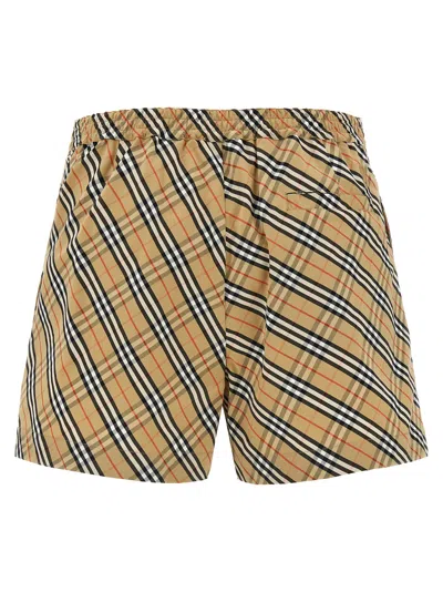 Burberry Women Beige Shorts With Elastic Drawstring Waist And All-over Check Motif In Cotton Woman In Multicolor