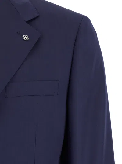 Tagliatore Blue Single-breasted Suit With Notched Revers And Brooch Detail On The Front In Wool Man In Blue