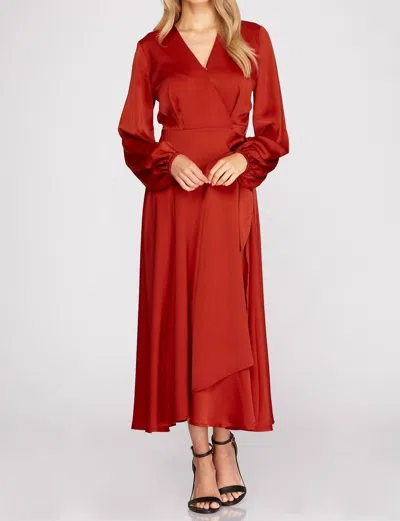 She + Sky Long Sleeve Maxi Satin Wrap Dress With Front Side Tie In Rust In Multi